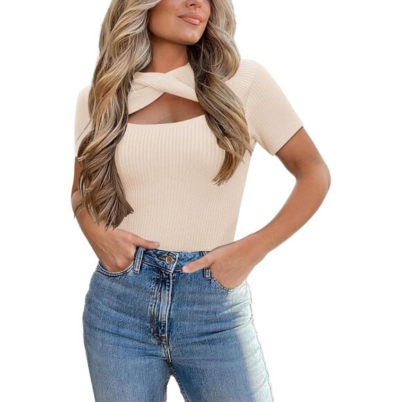 🆕 Women Tan Casual Basic Knit Summer Fashion Trendy Slim Fit Sweater T Shirt - Picture 1 of 6
